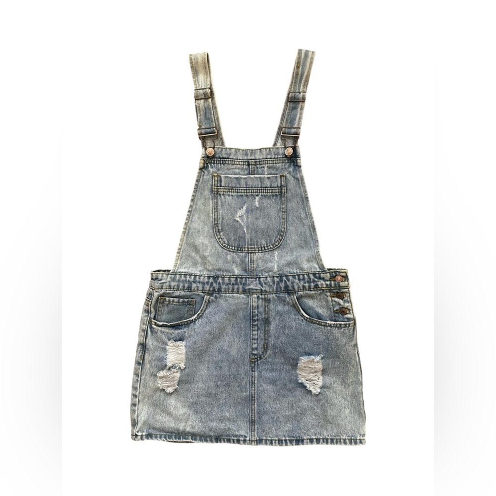 Forever 21 Distressed Denim Overalls Mini Skirt Blue Jean Women Size MEDIUM.